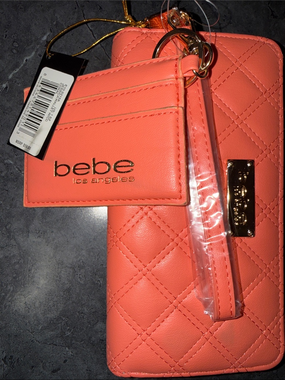 bebe Quilted Coral Pink Wristlet Clutch with Gold Hardware